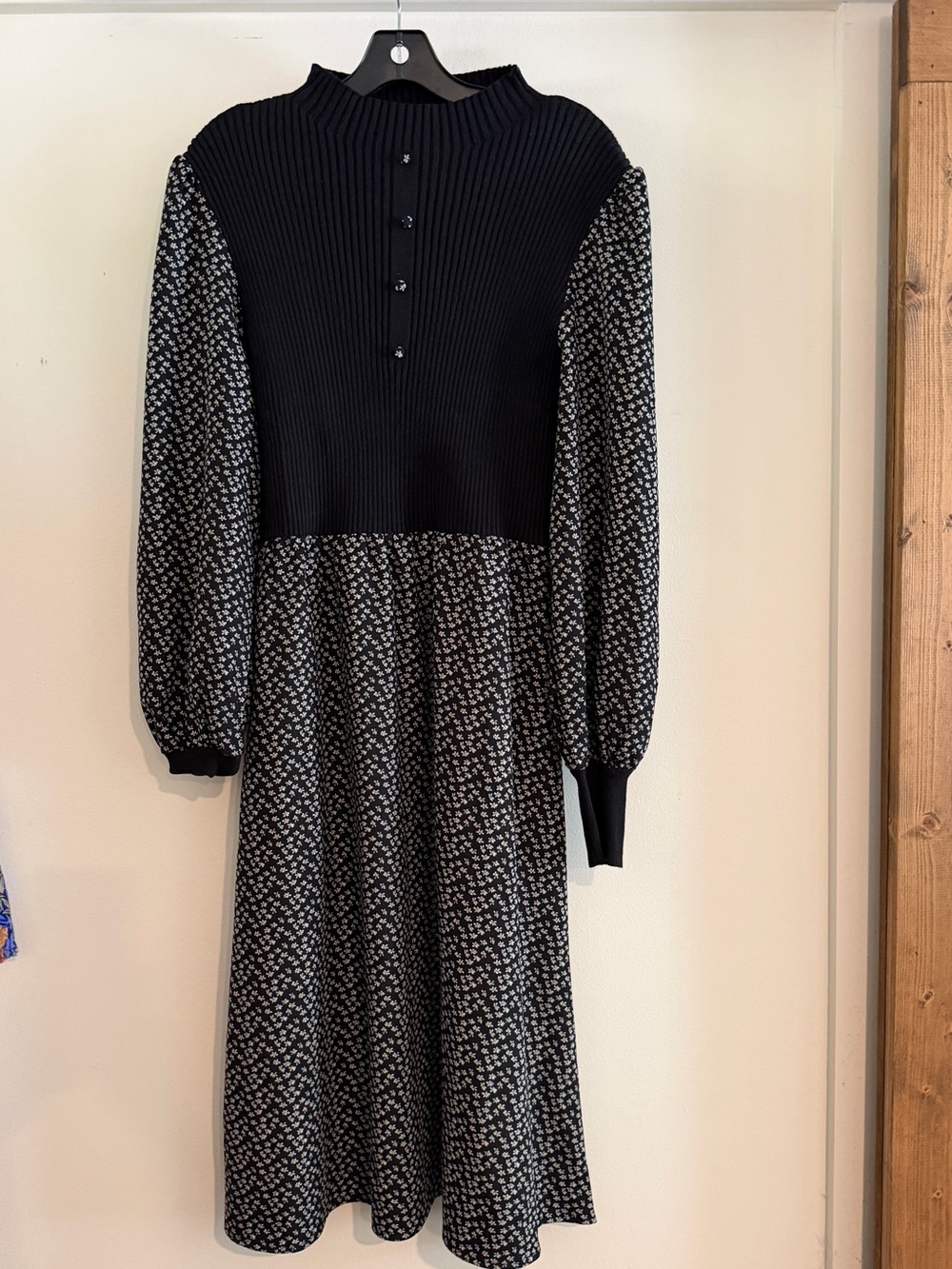 fab'rik Black Ribbed Bodice Floral Long Sleeve Midi Dress